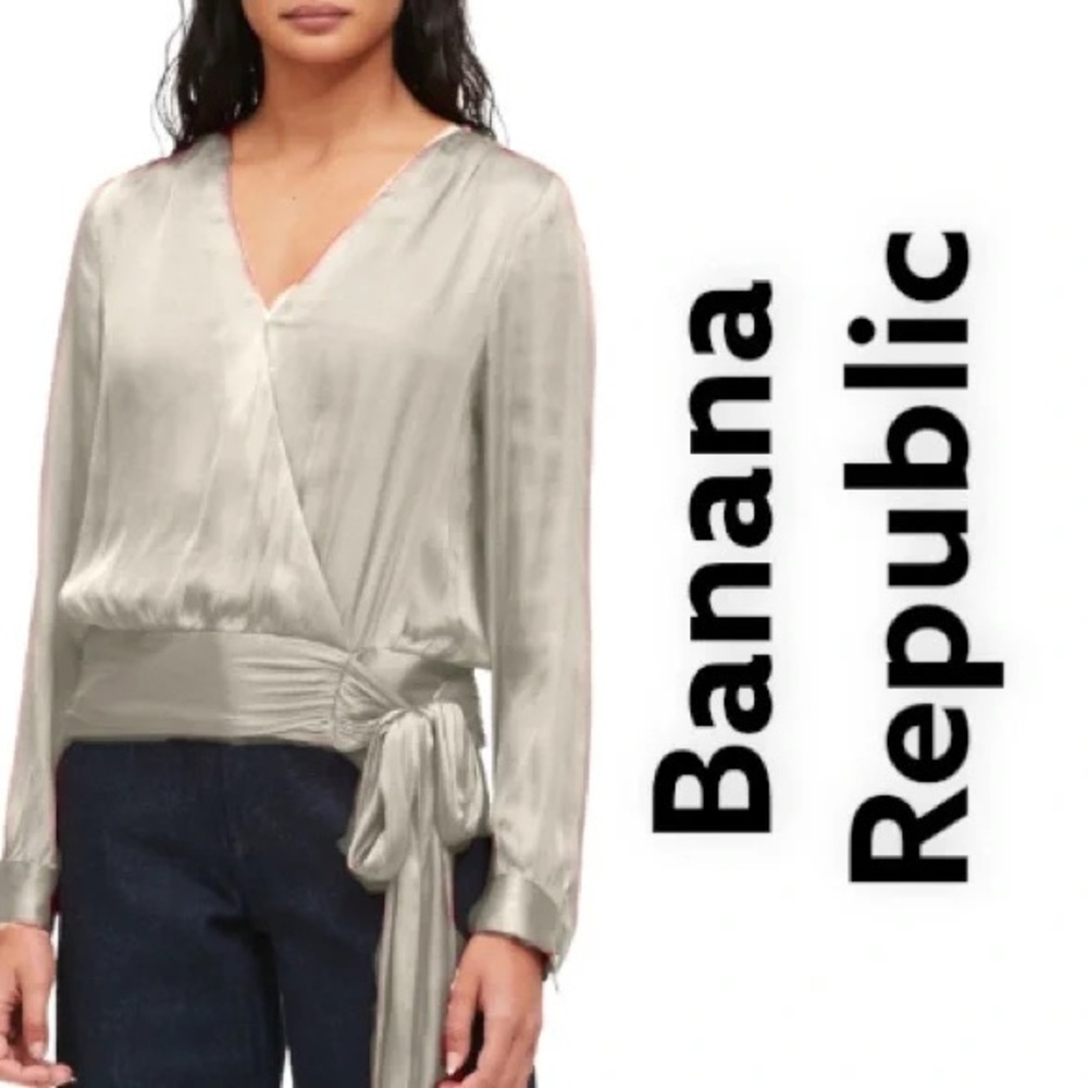 NWOT Banana Republic satin silky long-sleeve tie champagne Wrap Blouse Sz L grey